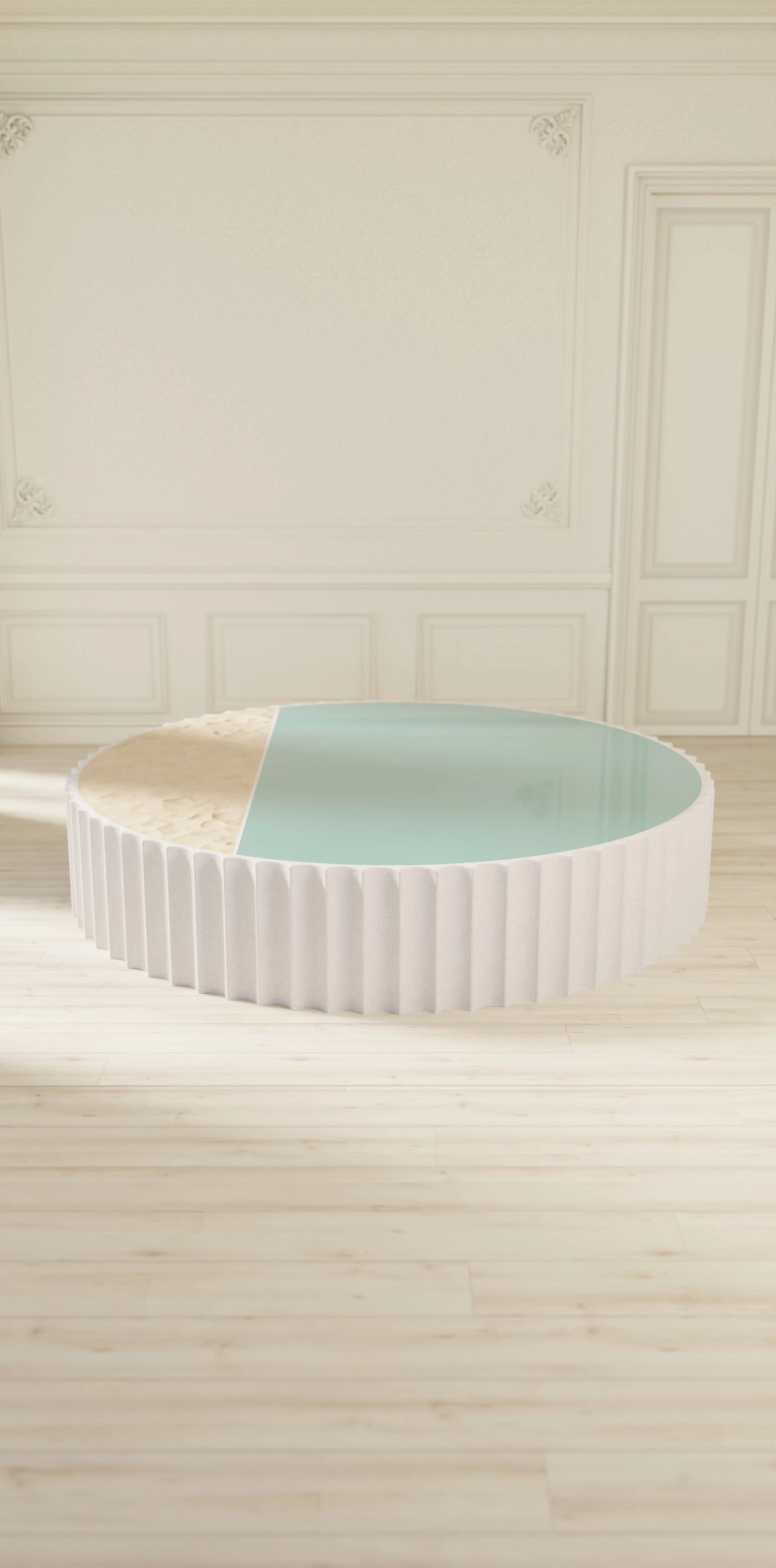 L'immensité de la mer, table basse, béton, verre coloré, sable fin, D 200 x H 40 cm