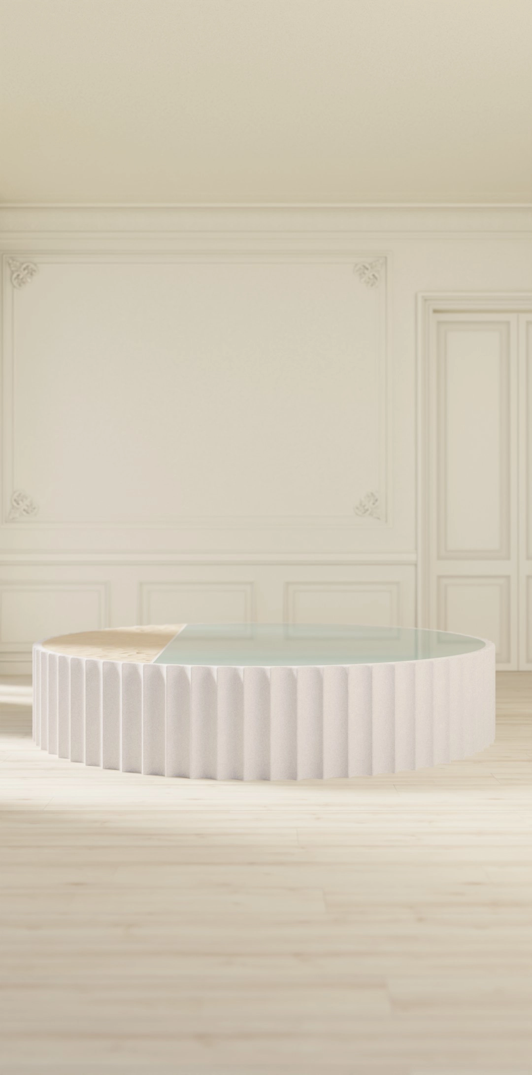 L'immensité de la mer, table basse, béton, verre coloré, sable fin, D 200 x H 40 cm