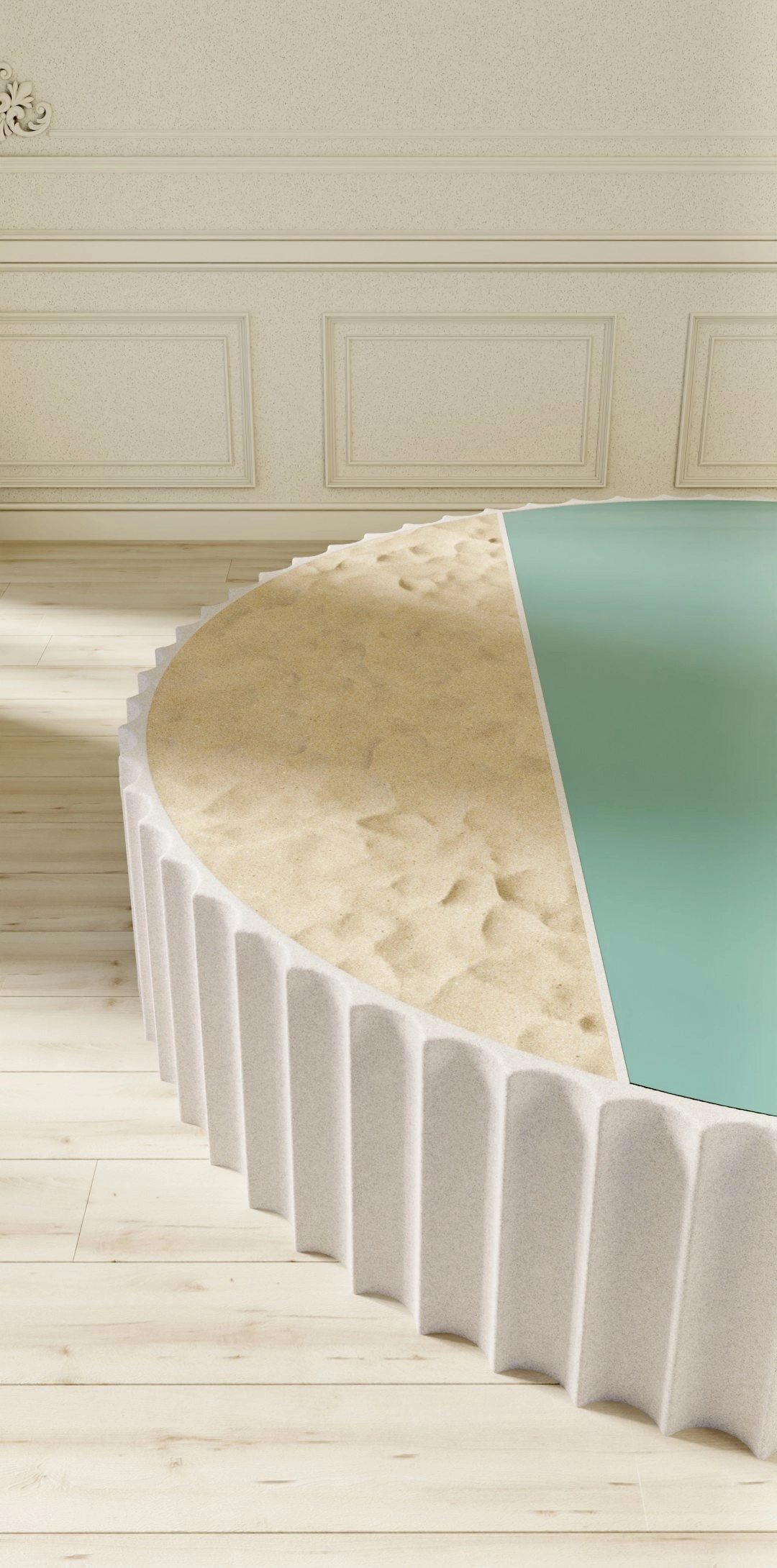 L'immensité de la mer, table basse, béton, verre coloré, sable fin, D 200 x H 40 cm